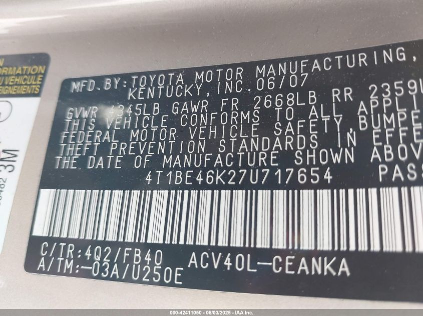 2007 Toyota Camry Le VIN: 4T1BE46K27U717654 Lot: 42411050