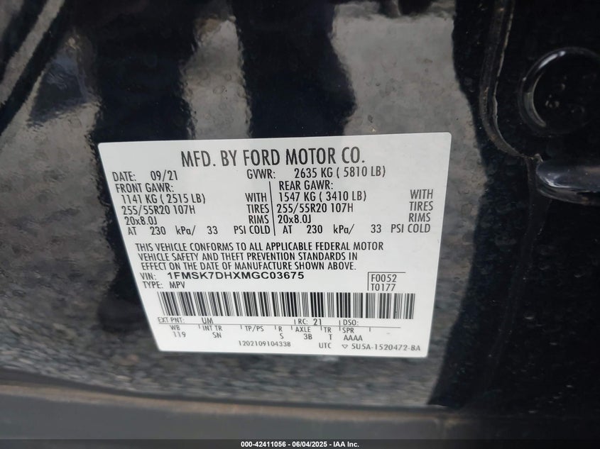 2021 Ford Explorer 2.3 XLT Black Lot 111042411056 Vin 1FMSK7DHXMGC03675