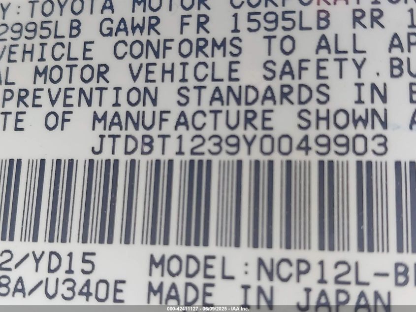 2000 Toyota Echo VIN: JTBCT123950049903 Lot: 42411127