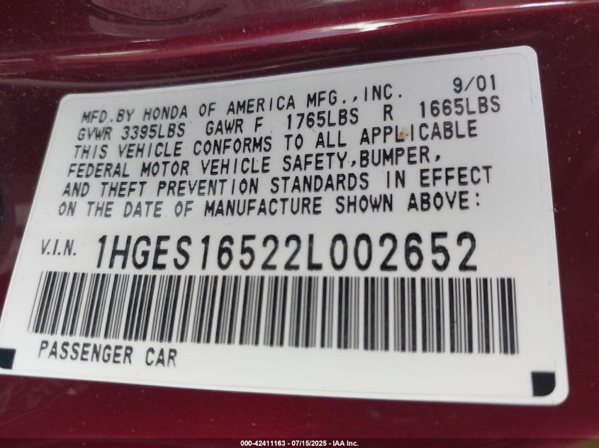 2002 Honda Civic Lx VIN: 1HGES16522L002652 Lot: 42411163