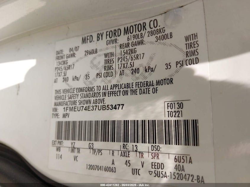 2007 FORD EXPLORER VIN: 1FMEU74E37UB53477