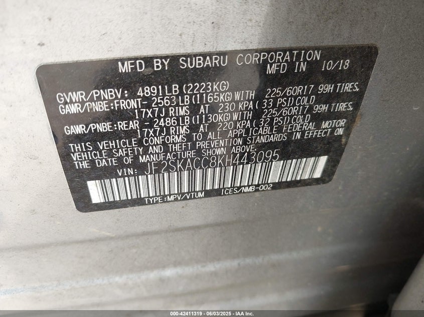 2019 SUBARU FORESTER VIN: JF2SKACC8KH443095