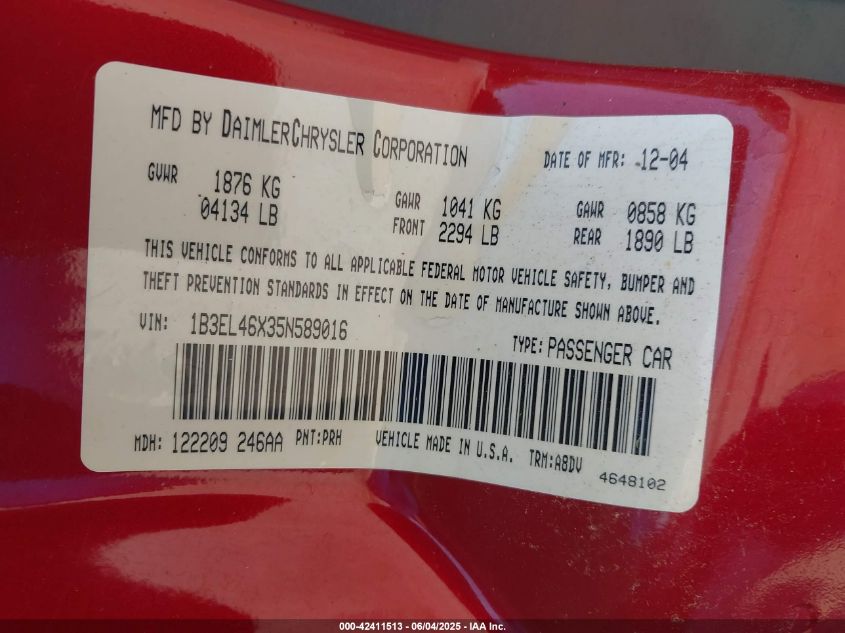 2005 Dodge Stratus Sxt VIN: 1B3EL46X35N589016 Lot: 42411513