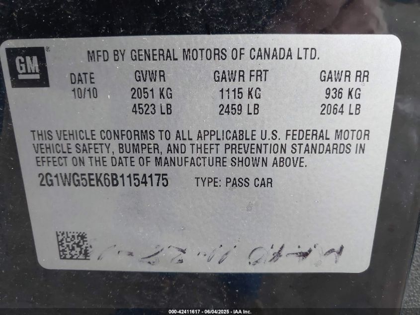 2011 Chevrolet Impala Lt VIN: 2G1WG5EK6B1154175 Lot: 42411617