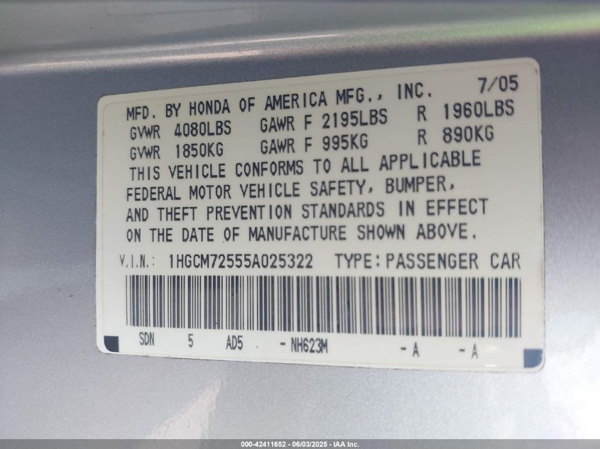 2005 Honda Accord 2.4 Lx Special Edition VIN: 1HGCM72555A025322 Lot: 42411652