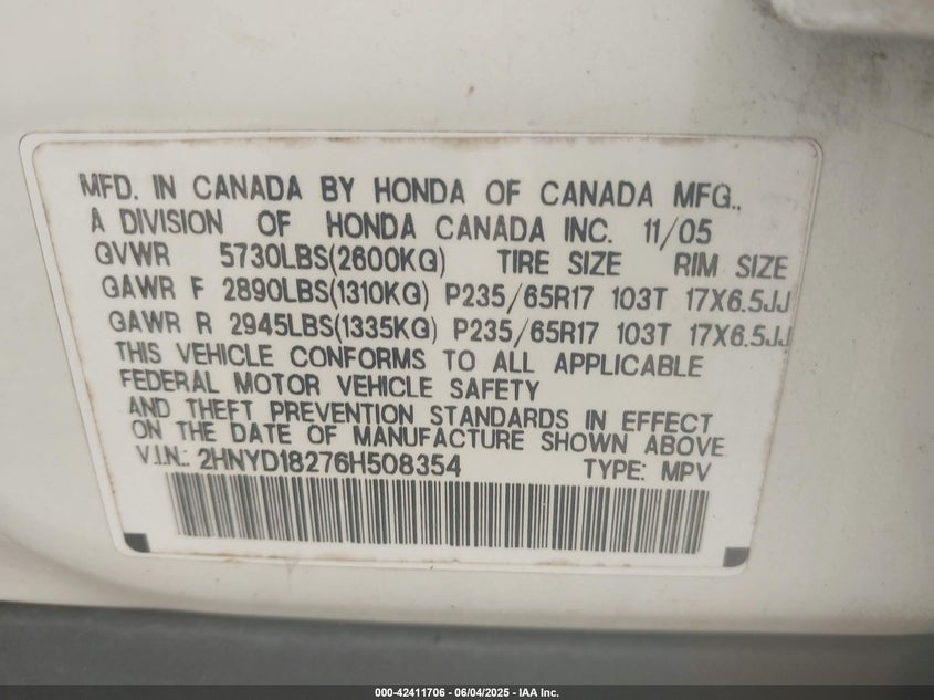 2006 ACURA MDX VIN: 2HNYD18276H508354