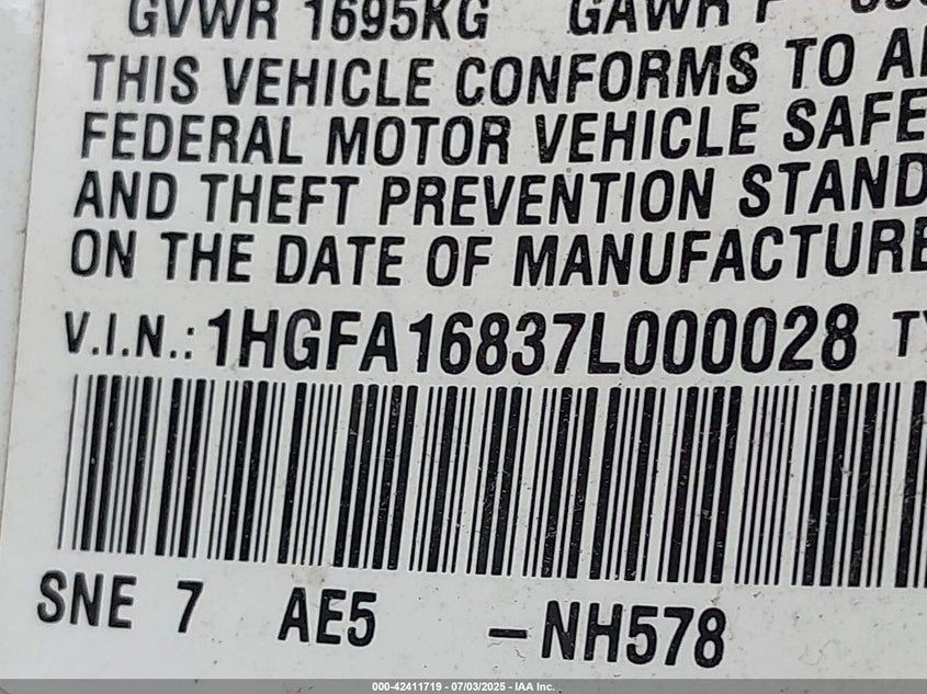 2007 HONDA CIVIC VIN: 1HGFA16837L000028