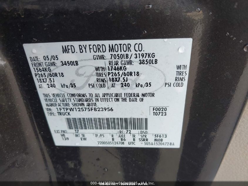 2005 Ford F-150 Lariat/Xlt VIN: 1FTPW12575FB23956 Lot: 42411877