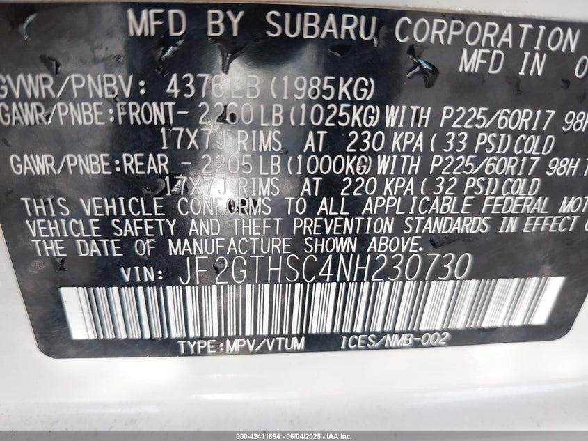 2022 SUBARU CROSSTREK(VIN: JF2GTHSC4NH230730