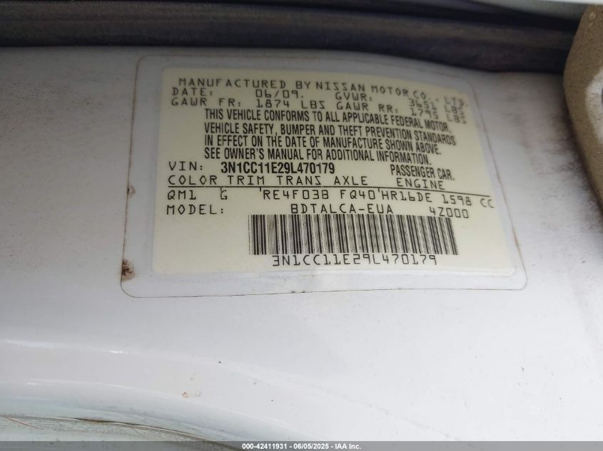 2009 Nissan Versa 1.6 VIN: 3N1CC11E29L470179 Lot: 42411931