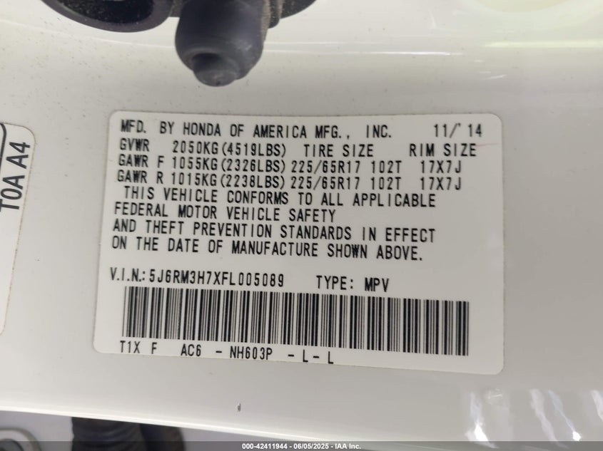 2015 HONDA CR-V VIN: 5J6RM3H7XFL005089