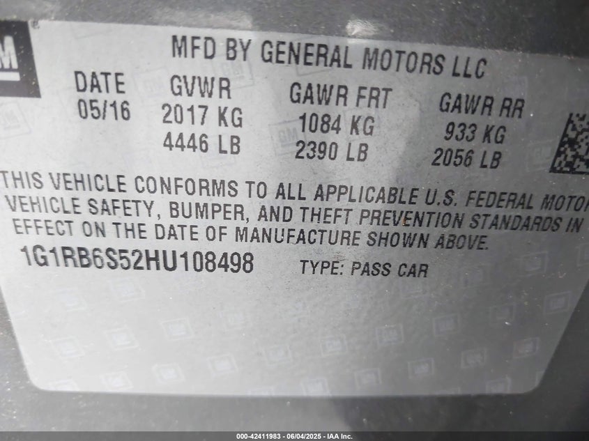 2017 CHEVROLET VOLT VIN: 1G1RB6S52HU108498