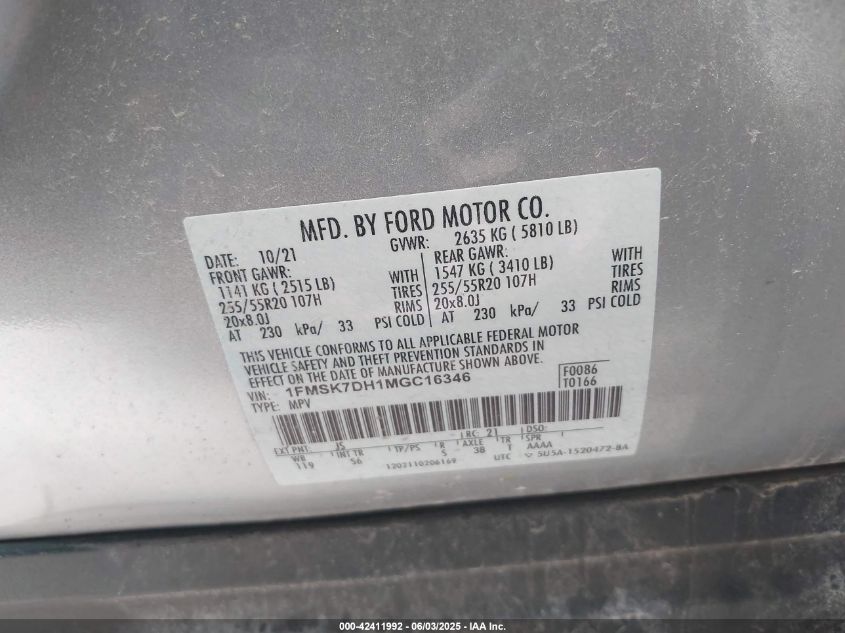 2021 Ford Explorer Xlt VIN: 1FMSK7DH1MGC16346 Lot: 42411992