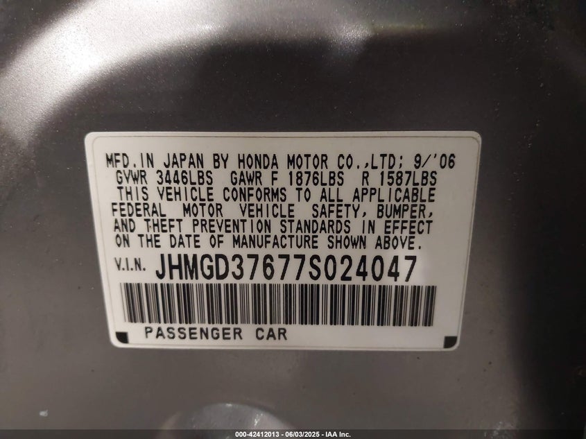 2007 HONDA FIT VIN: JHMGD37677S024047