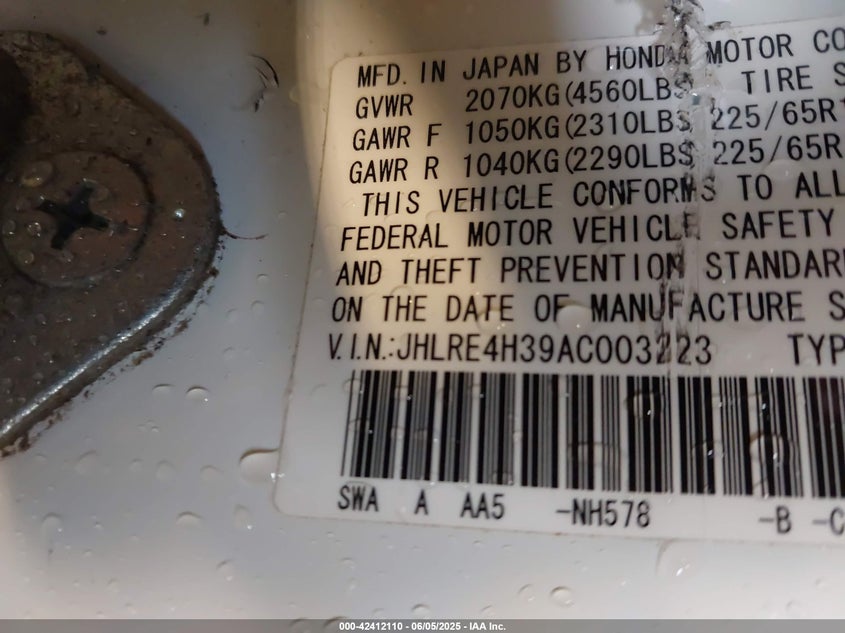 2010 HONDA CR-V VIN: JHLRE4H39AC003223