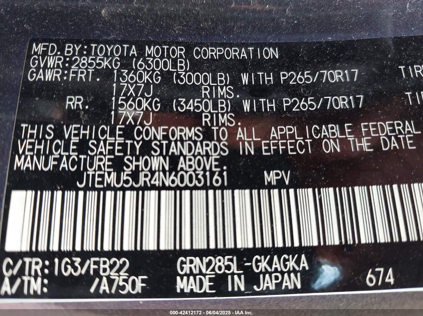 VIN JTEMU5JR4N6003161 2022 TOYOTA 4RUNNER SR5