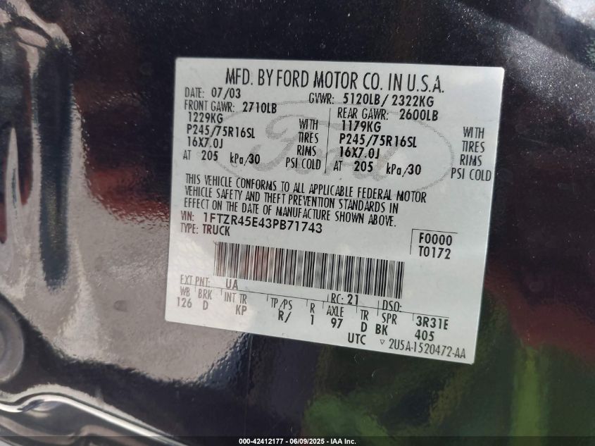 2003 Ford Ranger Edge/Xlt VIN: 1FTZR45E43PB71743 Lot: 42412177