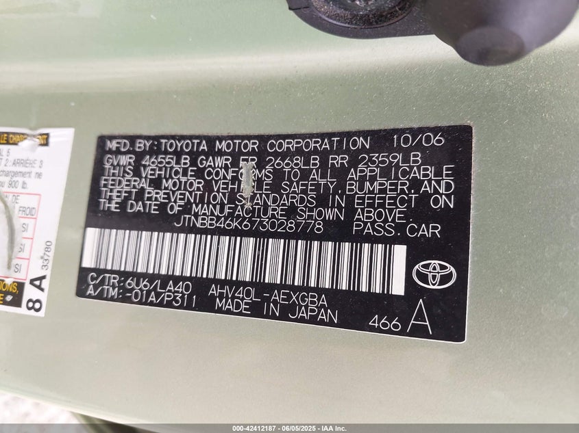 2007 TOYOTA CAMRY HYBRID VIN: JTNBB46K673028778