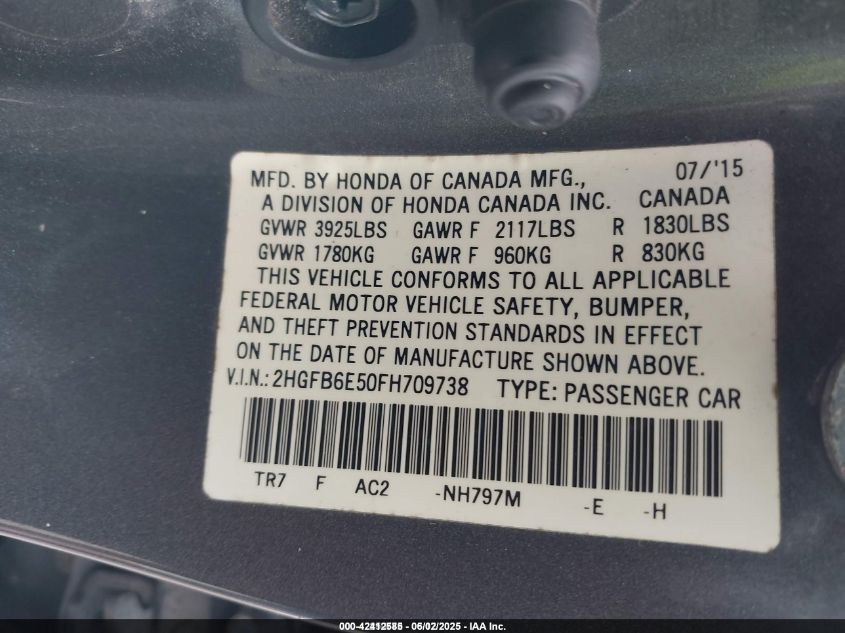 2015 Honda Civic Si VIN: 2HGFB6E50FH709738 Lot: 42412585