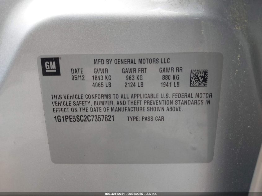 2012 Chevrolet Cruze VIN: FG1PVC587C735782 Lot: 42412751