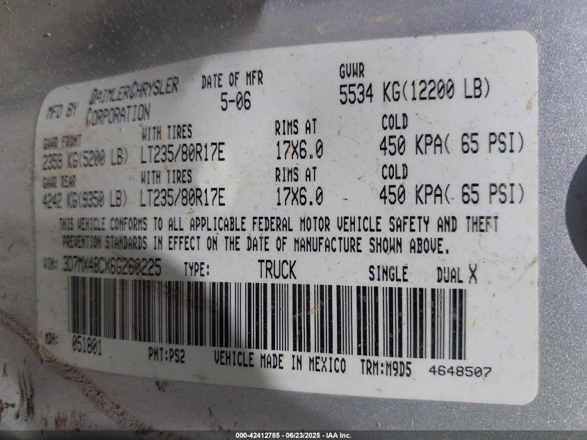 2006 Dodge Ram 3500 Slt/Sport VIN: 3D7MX48CX6G260225 Lot: 42412785