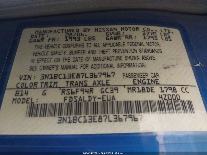 2007 Nissan Versa 1.8S VIN: 3N1BC13E87L367967 Lot: 42412791