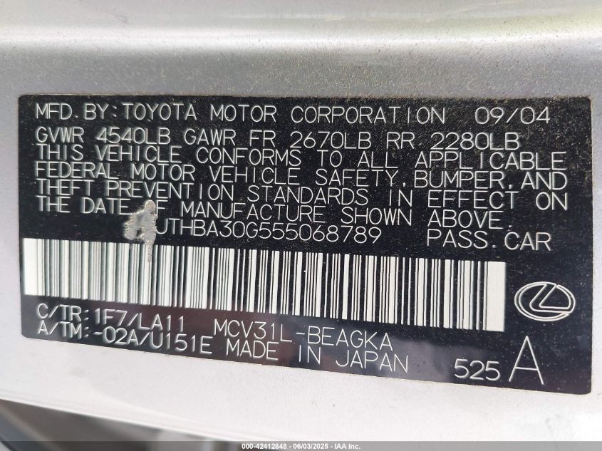 2005 Lexus Es 330 VIN: JTHBA30G555068789 Lot: 42412848