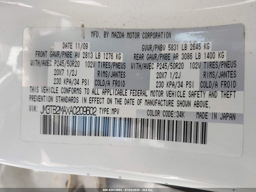 2010 MAZDA CX-9 VIN: JM3TB2MAXA0209602