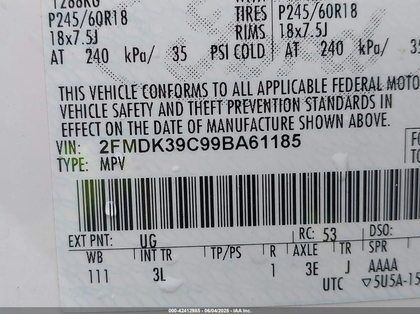 2009 FORD EDGE VIN: 2FMDK39C99BA61185
