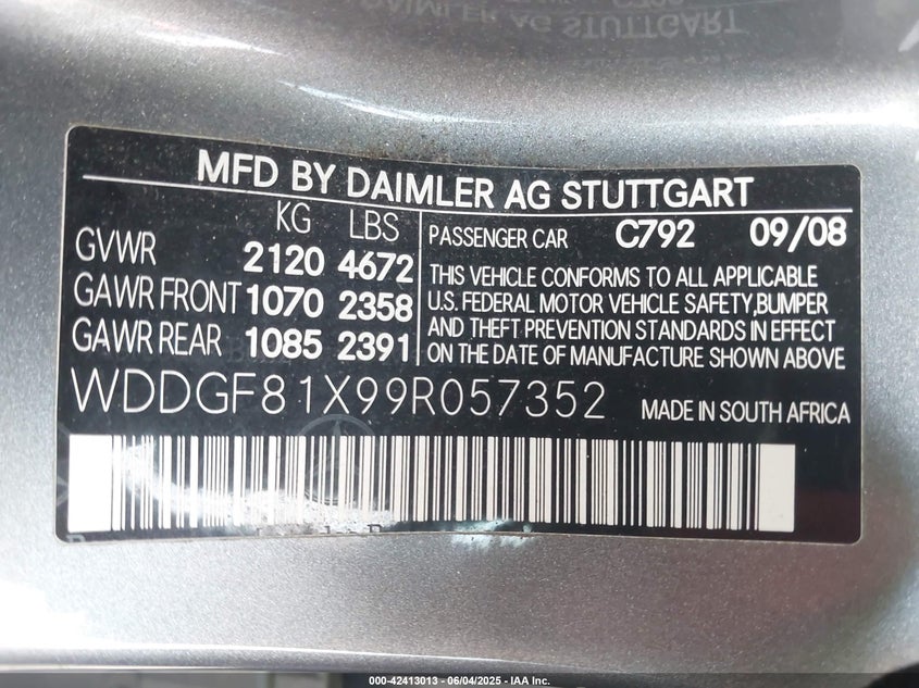 2009 MERCEDES-BENZ C VIN: WDDGF81X99R057352
