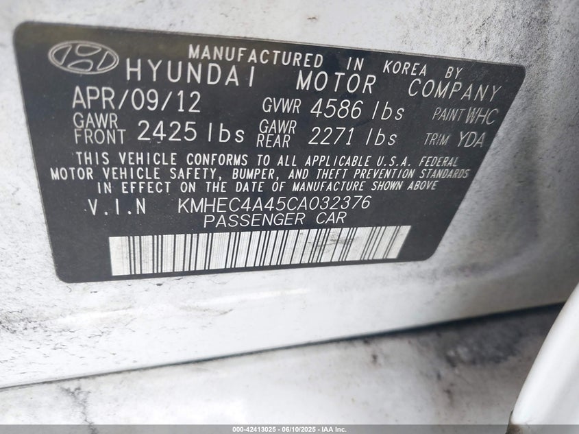 2012 HYUNDAI SONATA HYBRID VIN: KMHEC4A45CA032376