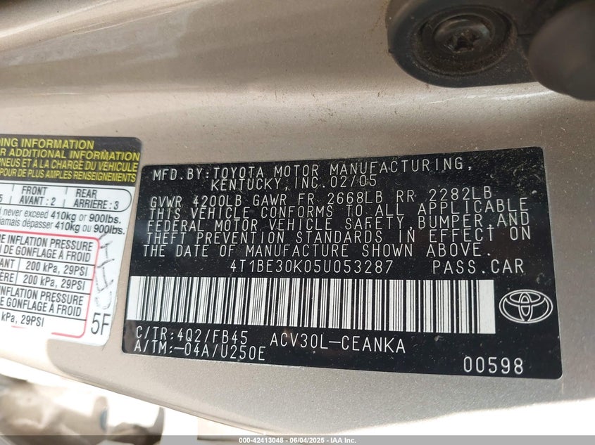 2005 Toyota Camry Le VIN: 4T1BE30K05U053287 Lot: 42413048