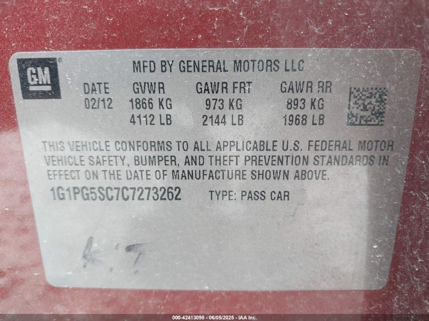 2012 Chevrolet Cruze 2Lt VIN: 1G1PG5SC7C7273262 Lot: 42413098