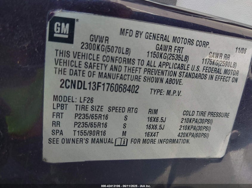 2007 CHEVROLET EQUINOX VIN: 2CNDL13F176068402