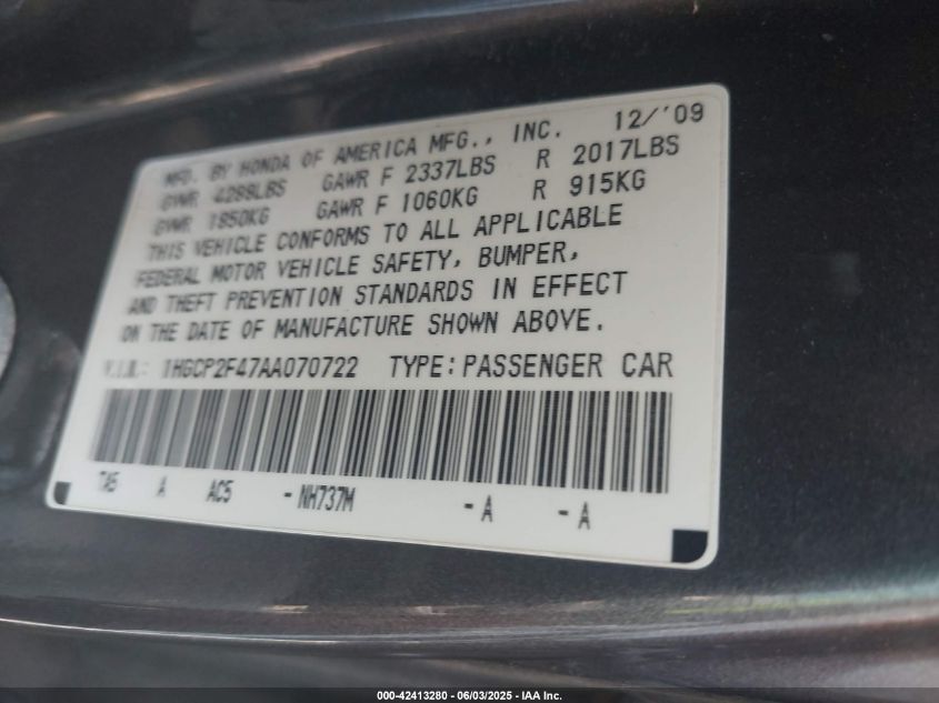 2010 Honda Accord 2.4 Lx-P VIN: 1HGCP2F47AA070722 Lot: 42413280