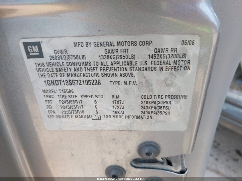 2007 Chevrolet Trailblazer Ls VIN: 1GNDT13S672105238 Lot: 42413349