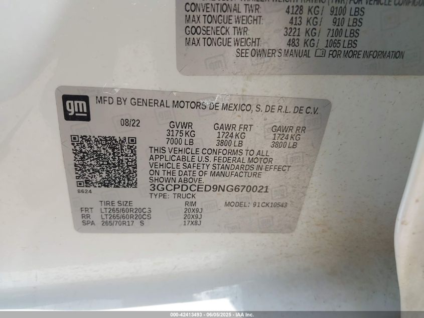 2022 Chevrolet Silverado 1500 - 3GCPDCED9NG670021