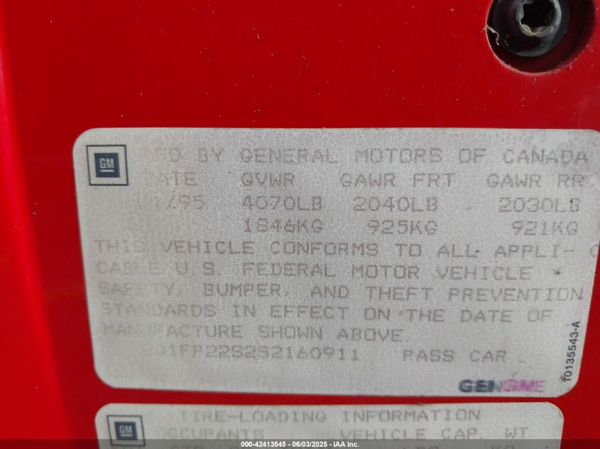 1995 Chevrolet Camaro VIN: 2G1FP22S2S2160911 Lot: 42413545