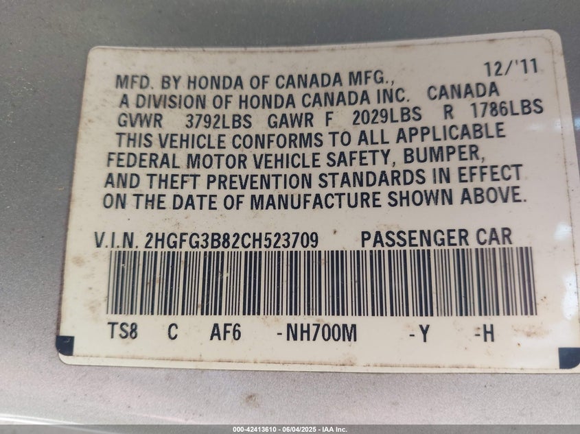 2012 HONDA CIVIC VIN: 2HGFG3B82CH523709