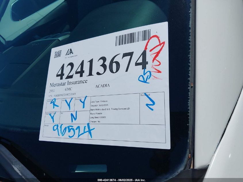 2011 GMC Acadia Sl VIN: 1GKKRNED3BJ215509 Lot: 42413674