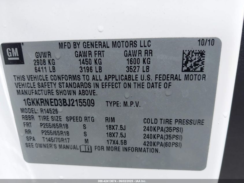 2011 GMC Acadia Sl VIN: 1GKKRNED3BJ215509 Lot: 42413674