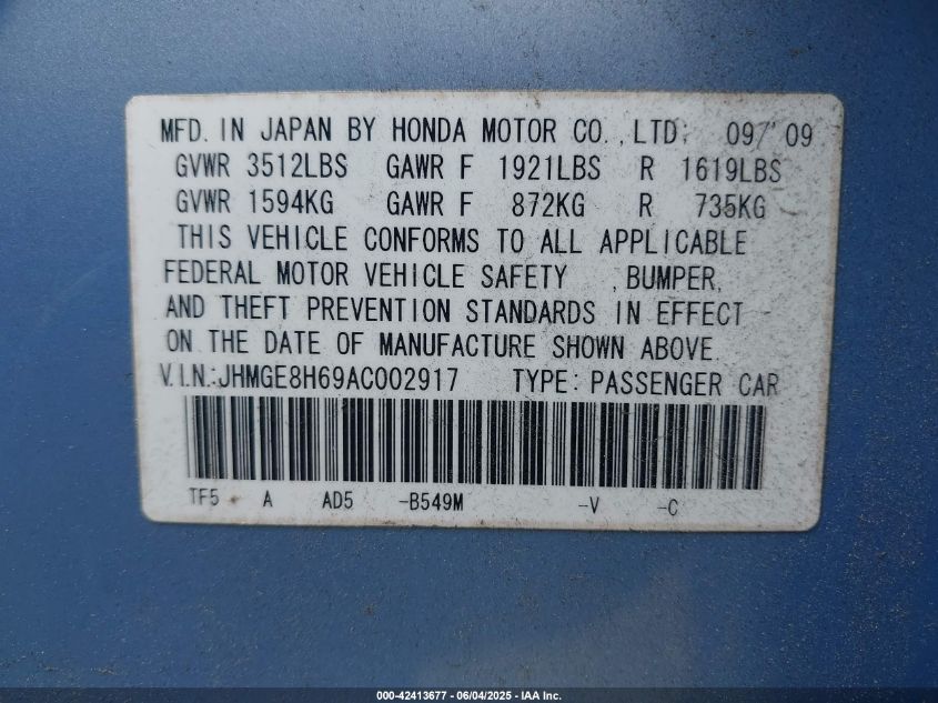 2010 Honda Fit Sport VIN: JHMGE8H69AC002917 Lot: 42413677