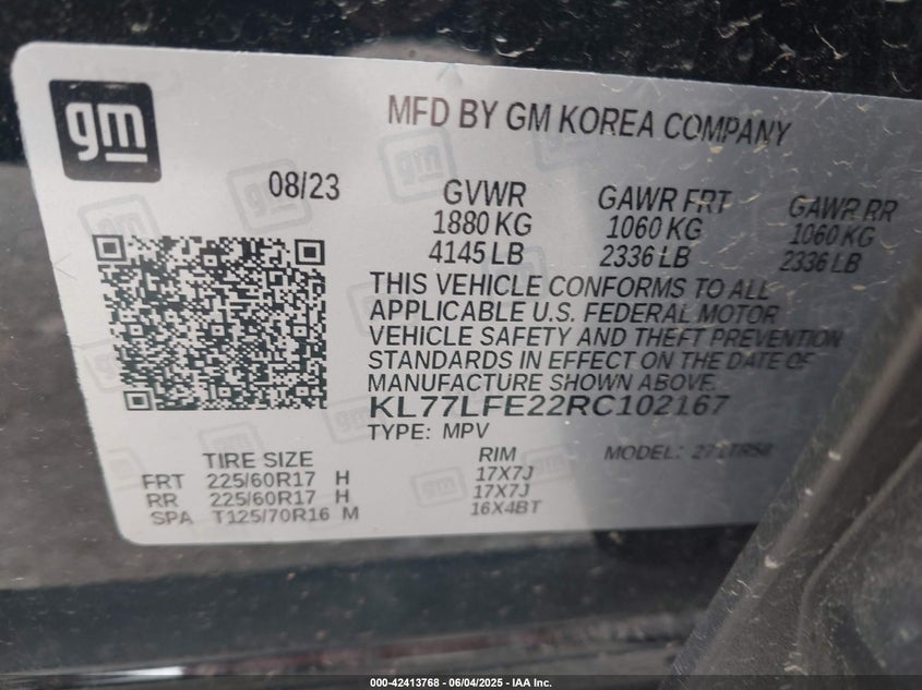 2024 Chevrolet Trax Fwd Sp VIN: KL77LFE22RC102167 Lot: 42413768