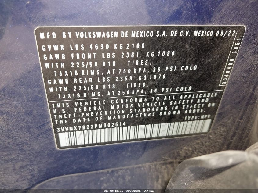 2023 Volkswagen Taos 1.5T Se VIN: 3VVNX7B23PM302514 Lot: 42413835