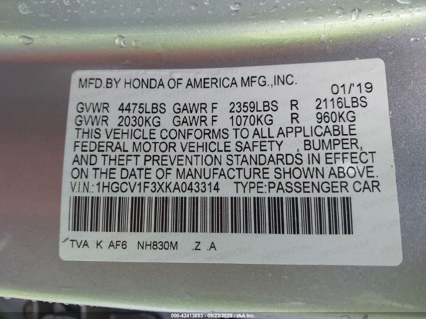 2019 Honda Accord Sport VIN: 1HGCV1F3XKA043314 Lot: 42413853