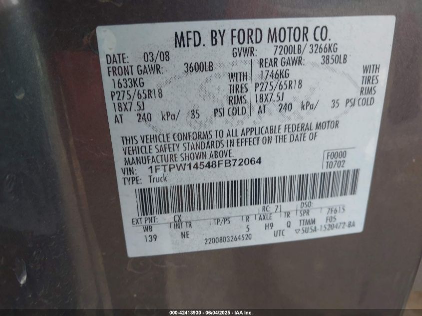 2008 Ford F-150 VIN: 1FTPW14548FB72064 Lot: 42413930