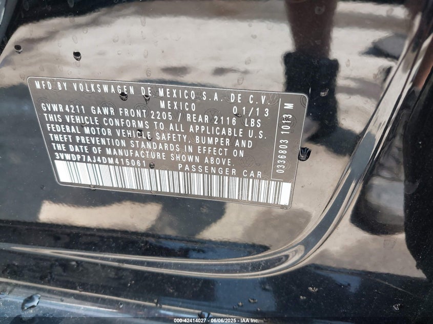 2013 VOLKSWAGEN JETTA VIN: 3VWDP7AJ4DM415061