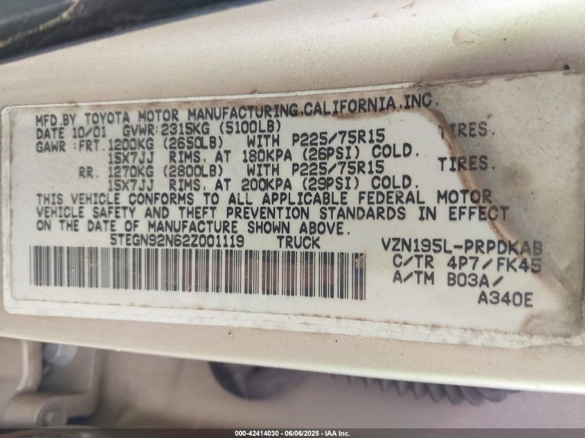 2002 Toyota Tacoma Prerunner V6 VIN: 5TEGN92N62Z001119 Lot: 42414030