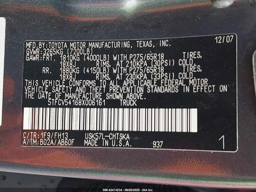 2008 Toyota Tundra Base 5.7L V8 VIN: 5TFCV54168X006161 Lot: 42414234