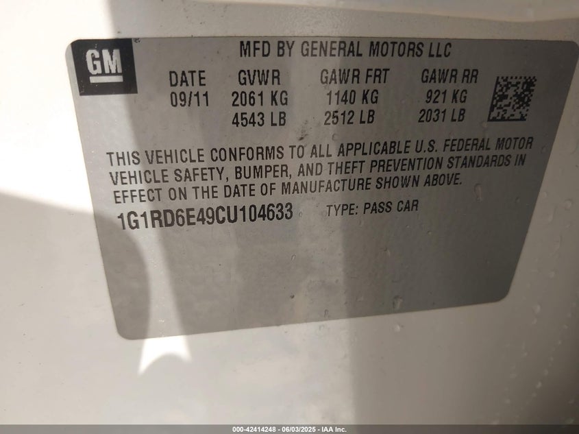 2012 CHEVROLET VOLT VIN: 1G1RD6E49CU104633